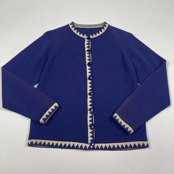 Vintage Women’s Cardigan & Short Sleeve Top Set Small Blue Cream Geometric Trim - Picture 2 of 8
